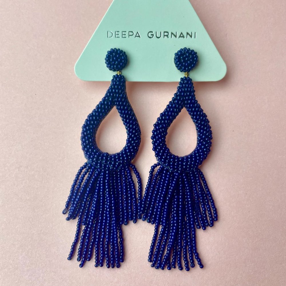 NWT Deepa Gurnani Anthropologie Beaded Fringe Chandelier Earrings Navy Blue